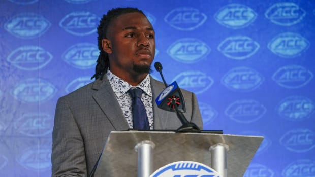 Jul 21, 2021; Charlotte, NC, USA; Duke Blue Devils running back Mataeo Duran speaks to the media during the ACC Kickoff at The Westin Charlotte. Mandatory Credit: Jim Dedmon-USA TODAY Sports